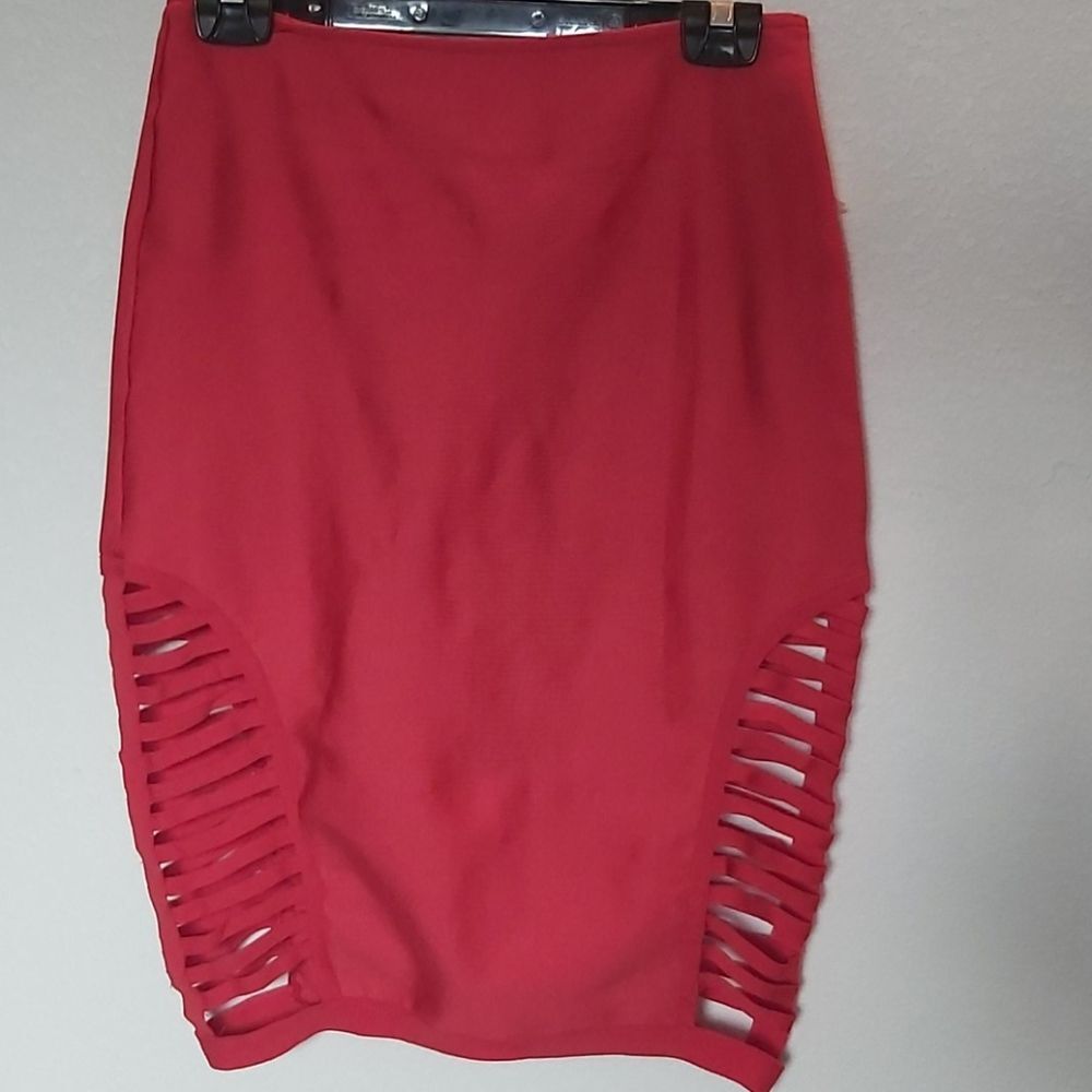 Red Side Cutout Strap Pencil Skirt Sexy Bodycon Edgy Midi Party Club Large